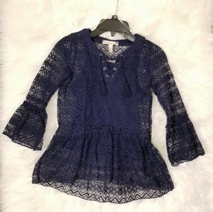 Navy lace tie down top with ruffles